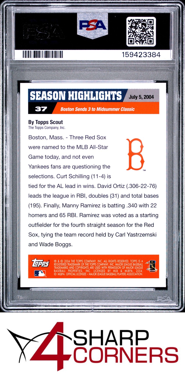 2004 TOPPS TRIBUTE WORLD CHAMPIONS RED SOX #37 DAVID ORTIZ POP 5 PSA 10 view 2