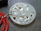 Vintage Chinese Beaded Necklace cameo lady jade pendant orange bead disc silver — photo 6