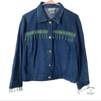 Vintage Fibers Barbara Kesser Retro Denim Jacket with Beaded Fringe Size XL