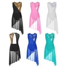 Girls Sleeveless Shiny Sequin Lyrical Modern Dance Dress Irregular Hem Dancewear