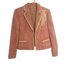 Bergamo Tweed Blazer Embellished Trim Career Jacket Pink Size Small