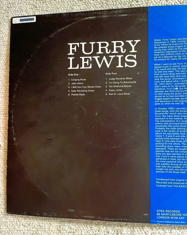 LP Furry Lewis  XTRA UK  1971 mono  Recorded 1971  Samuel Charters - Photo 4/4