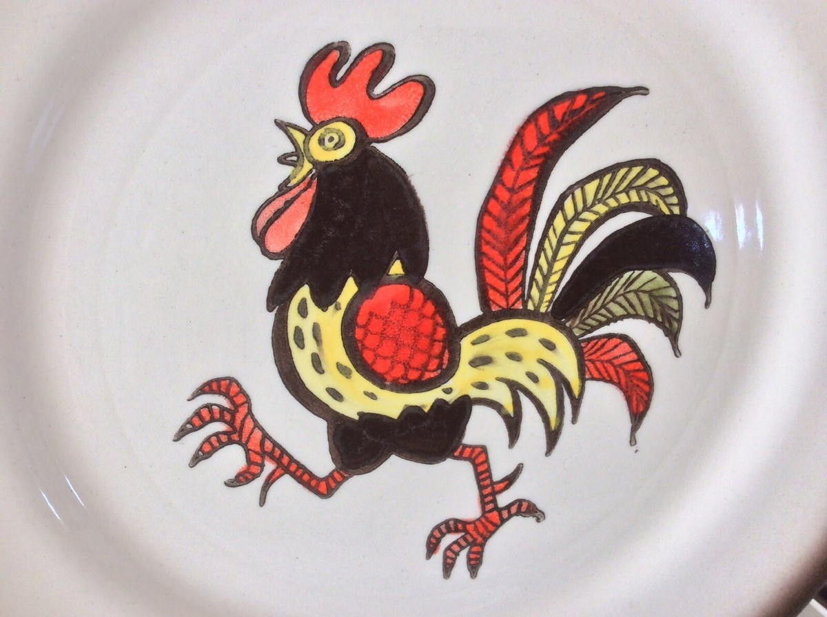 Vintage 6 Piece Set Metlox “Poppytrail” Red Rooster Pattern Dinner