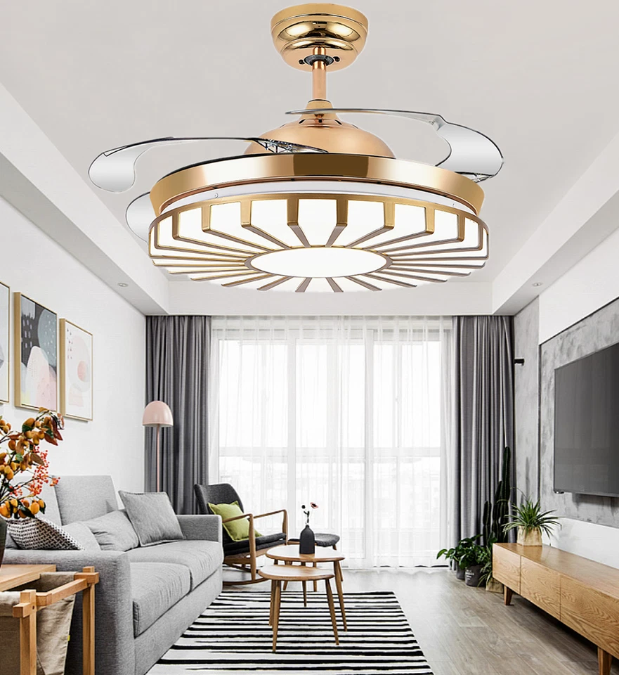 42" Modern Retractable Ceiling Fan LED Chandelier Remote Pendant Fan Lighting - Image 2 of 4