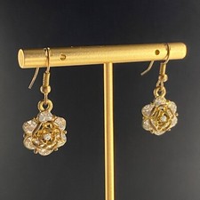 Gold Tone Crystal Flower Dangle Drop Earrings Lightweight Hook 3D 1.25"