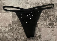 NWT VICTORIA'S SECRET BLACK SILVER RHINESTONE PICOT V STRING THONG PANTIES