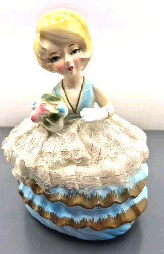 Vintage Cassettiera in ceramica dama con abito in pizzo fiori United China e vetro co - Foto 3 di 15