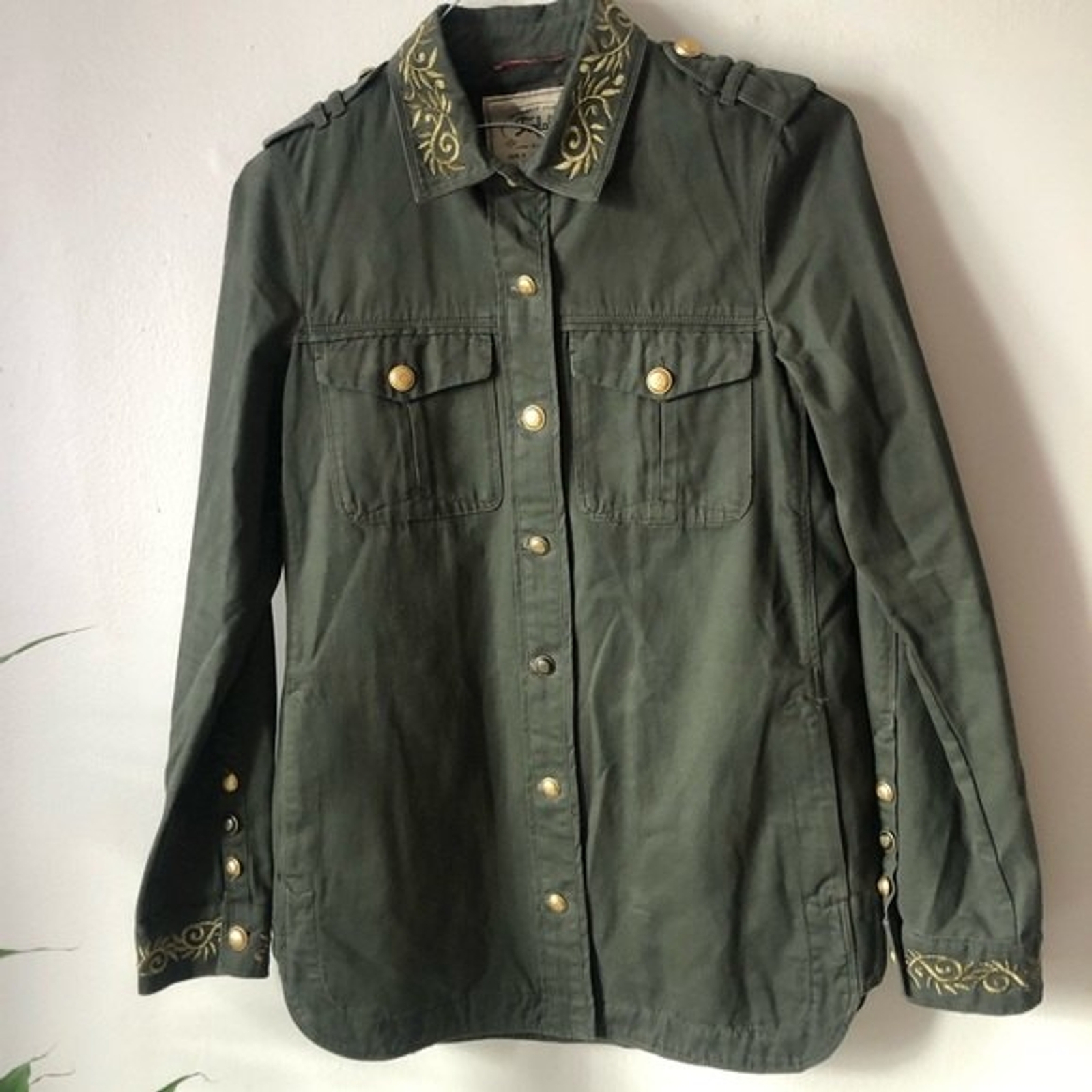 Zara Trafaluc Military Green Shirt Jacket Shacket Emb… Gem