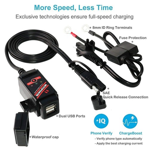 MOTOPOWER MP0608 3.1Amp Motorcycle Dual USB Charger SAE to USB Adapter Battery - Picture 2 of 6