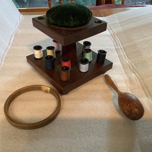 Antique Arts & Crafts Sewing Caddy Spool Holder Pin Cushion, hoop, darner,
