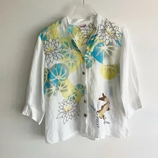 PLS READ Citron Santa Monica M Blouse White Asian Floral Fish Embroidered