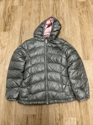 Patagonia Hi-Loft Down Sweater Hoody Puffer Jacket Kids Girls Large 12 Gray Pink