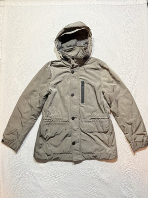 #ad Express Parka Jacket Mens Size M Zip In Hood Full Zip Button Front Brown Coat $27.74