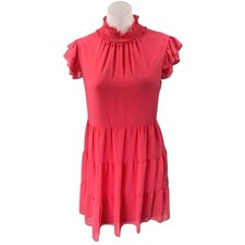 Eliza J Pink Short Flutter Sleeve Ruffle Mock Neck Tiered Mini A-Line Dress Sz 6