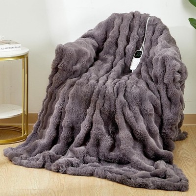 Electric Heated Faux Fur Gray Blanket 59'' x 79'' Bubble Throw, 6 Heat Settings