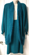 Vintage 1980s teal open fuzzy cardigan and skirt set