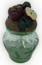 Glass Jar Apple Cork Lid Green Embossed Glass Decor Figurine Unique 6” H Country
