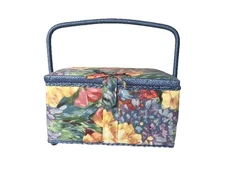 Vtg SEWING BOX BLUE Purple FLORAL WITH HANDLE