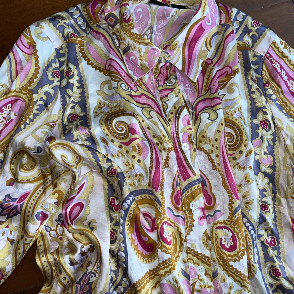 Blusa Inc Talla 16 W Seda Manga Larga Rosa Estampado Paisley Foto 2 de 4