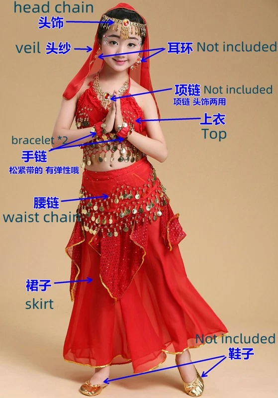 Kids Girls Belly Dance Costume Skirt Outfit Performance Clothing +Accessories - Image 4 of 4