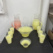 10 Pc VTG West Virginia Glass Frosted Blendo Yellow Pink Pitcher Cups XL Bowl