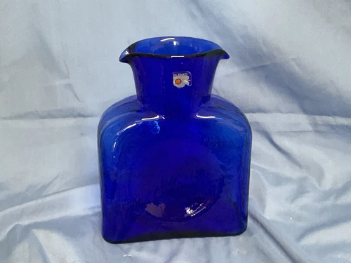 Blenko Glass Cobalt Blue Double Spouted Carafe Pitcher Vase 8" 384