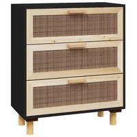 Sideboard Schwarz 60X30X70Cm Massivholz Kiefer Und Natur-Rattan