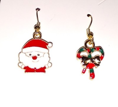 Holiday Christmas Set Santa Claus & Candy Canes Gold Plated Dangle Drop Earrings