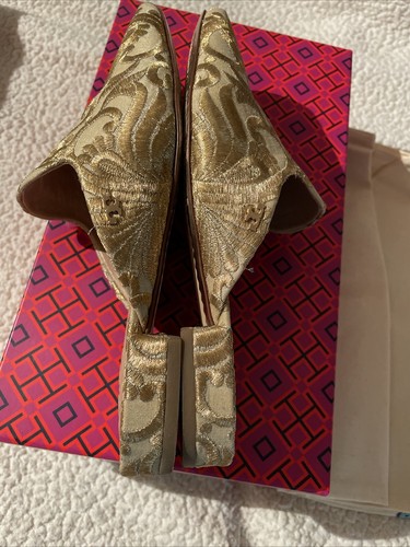 Tory Burch Carlotta Slide Beige/Gold Nayan Brocade Embroidered Mules Size 5 - Picture 9 of 13