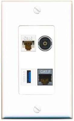 [4 Ports] CAT6 CAT7 TOSLINK USB-3 Wall Plate DecorZ White