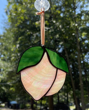 Vintage Stained Glass Leaded Suncatcher Iridescent Peach Hanging Window Decor