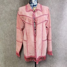 Dressbarn Women's Leather Boho Jacket Pink Western Barbie Fringed Coat Size L