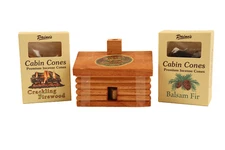 SET Large Log Cabin Cedar Incense Burner 60 Cones Balsam Fir Crackling Firewood