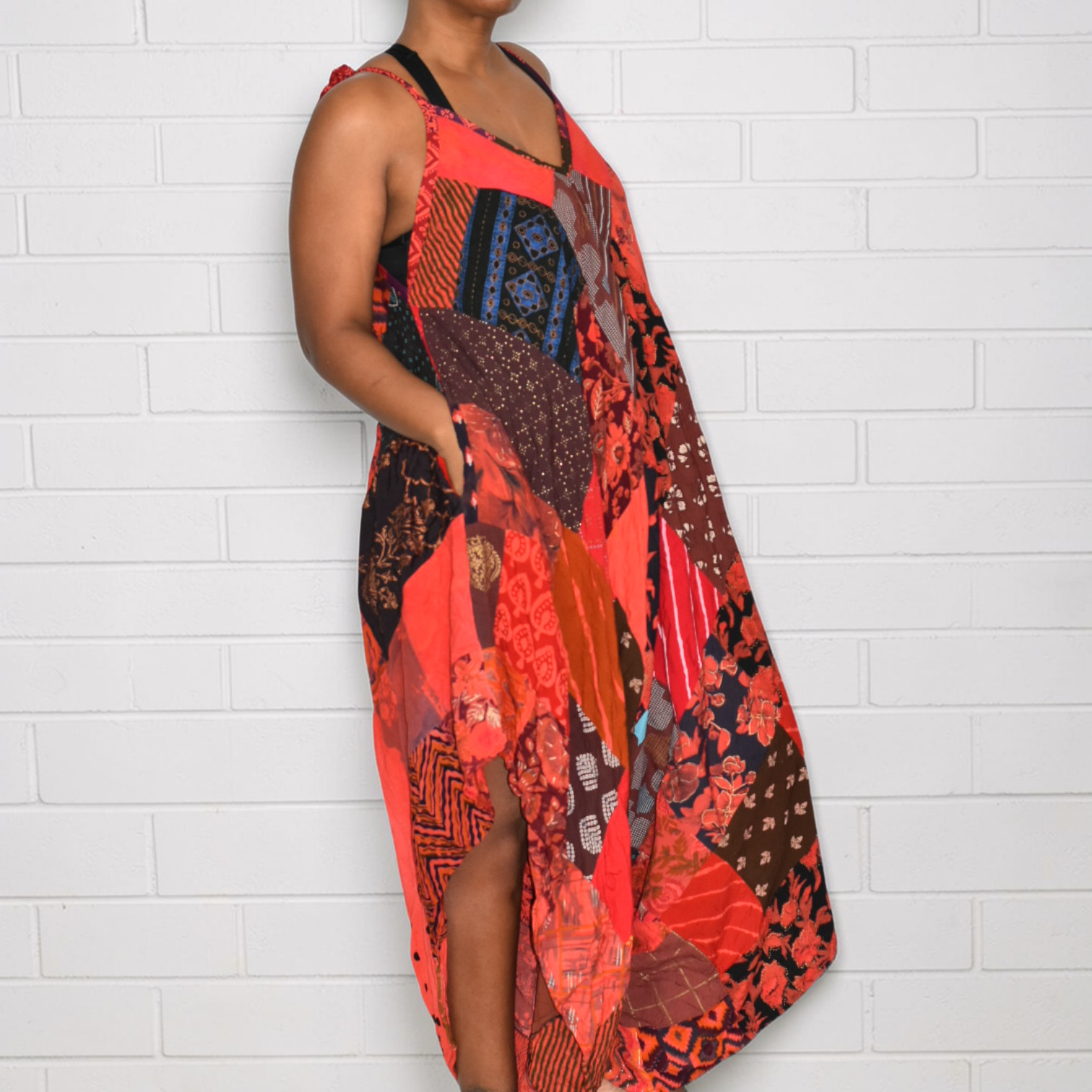 Patchwork Harem Romper Red Tie Shoulder Jumper Ov… - image 6