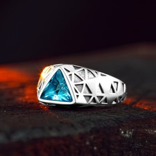 925 Sterling Silver Ring with Triangle Blue Aquamarine Stone for Men