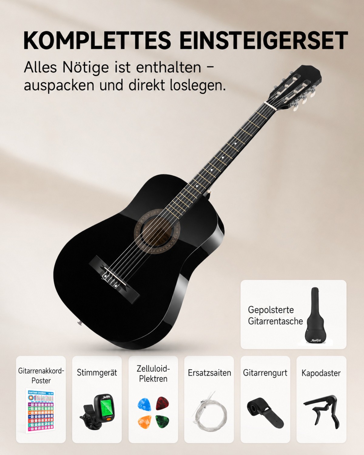 Moukey Chitarra Acustica 38 Pollici Dreadnought con Gigbag, Accordatore, Capotasto, Cinghia foto 6