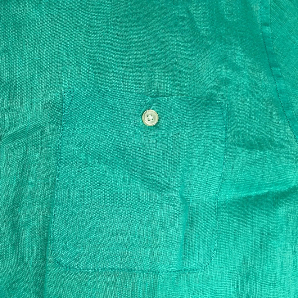Hickey Freeman Shirt Large Green Linen Flip Cuff Button Up Long Sleeve Preppy - Image 4 of 4