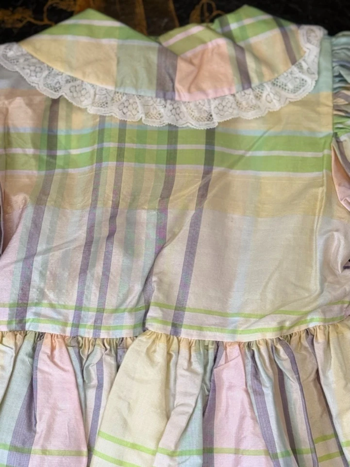 NOS Vintage BABY DIOR Plaid Pastel Silk & Lace Dress * 18 Months * New Old Stock - Image 3 of 4