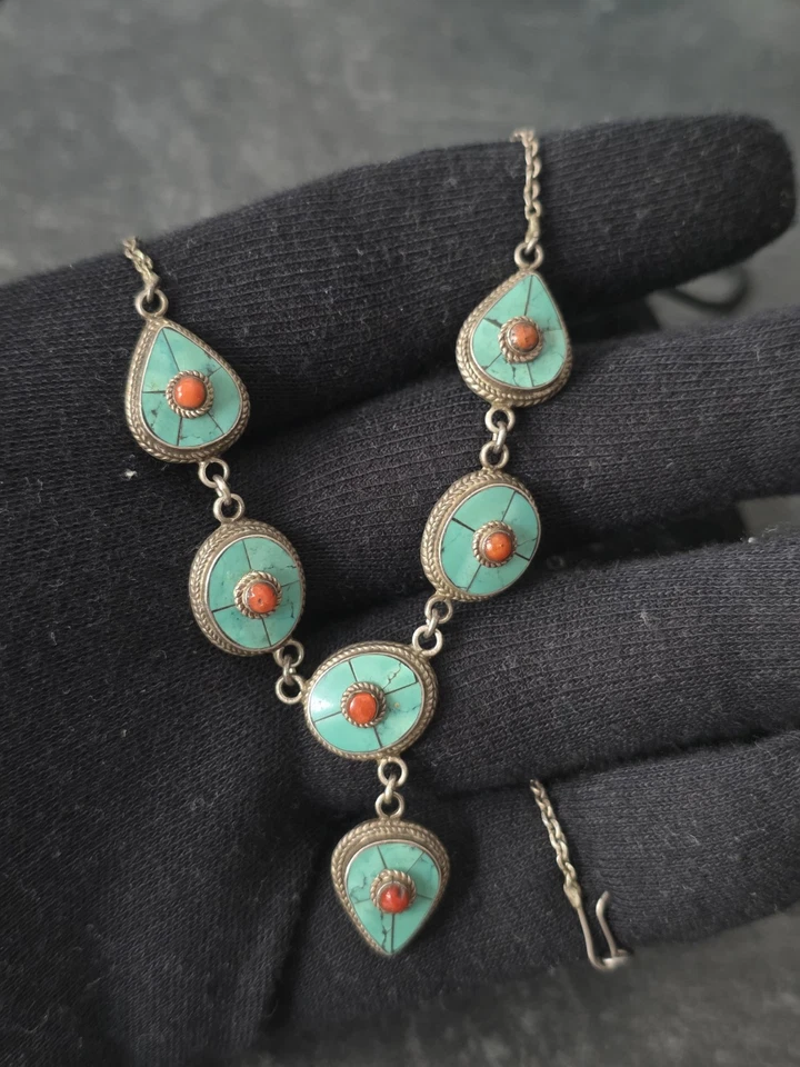 Vintage Tibetan Necklace Turquoise And Coral Ethnic Handmade Silver Jewelry - Image 2 of 4