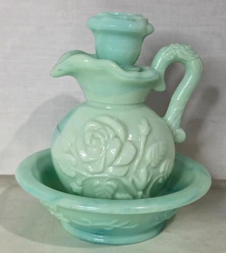 Vintage 70s Avon Skin So Soft Pitcher & Bowl Jadeite color Milk Glass 6'' Empty