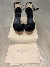 Jimmy Choo Black Patent T-strap Wedges with Dust Bag, Original Box, Sz 39