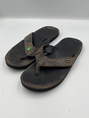 sanuk mens 13 leather brown flip flops