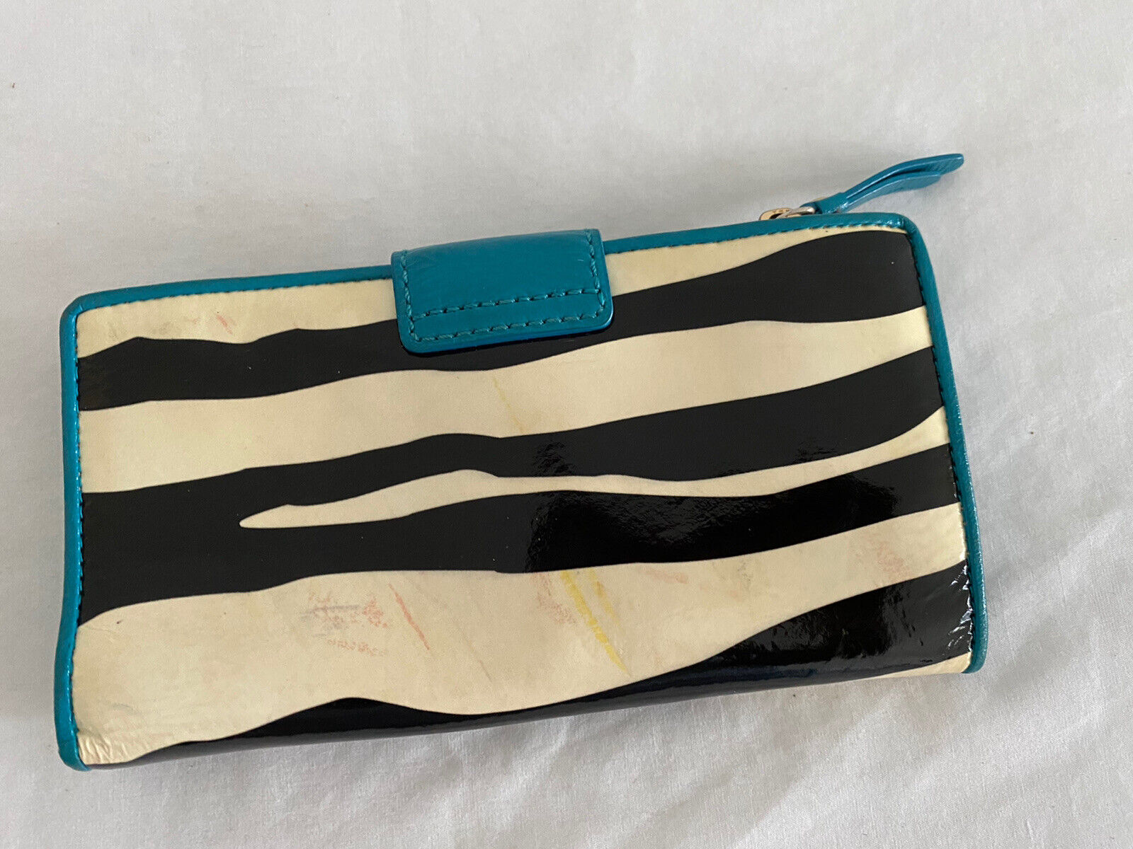 Michael Kors Zebra Print Patent Leather Aqua Trim Clutch Wallet