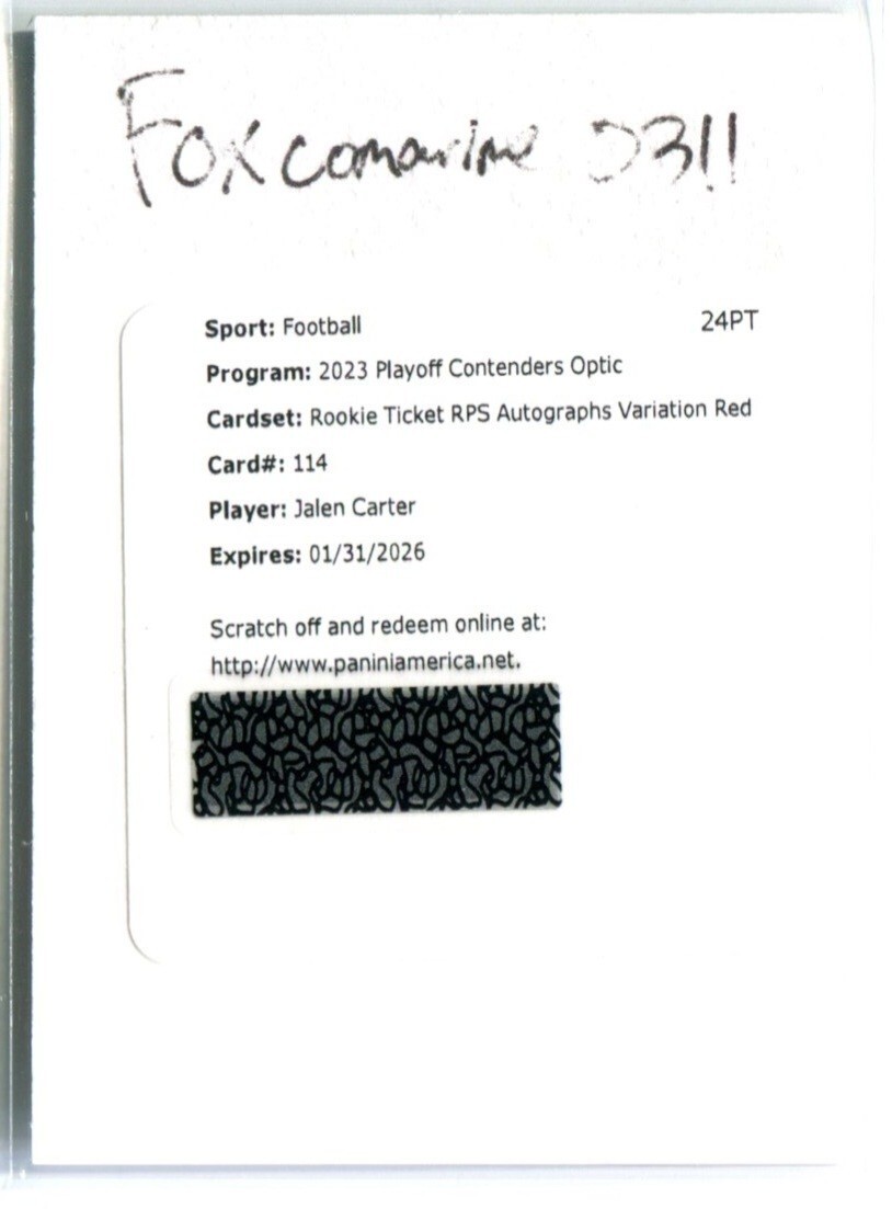 JALEN CARTER 2023 Panini Contenders Optic Rookie Ticket Variation RED AUTO /99