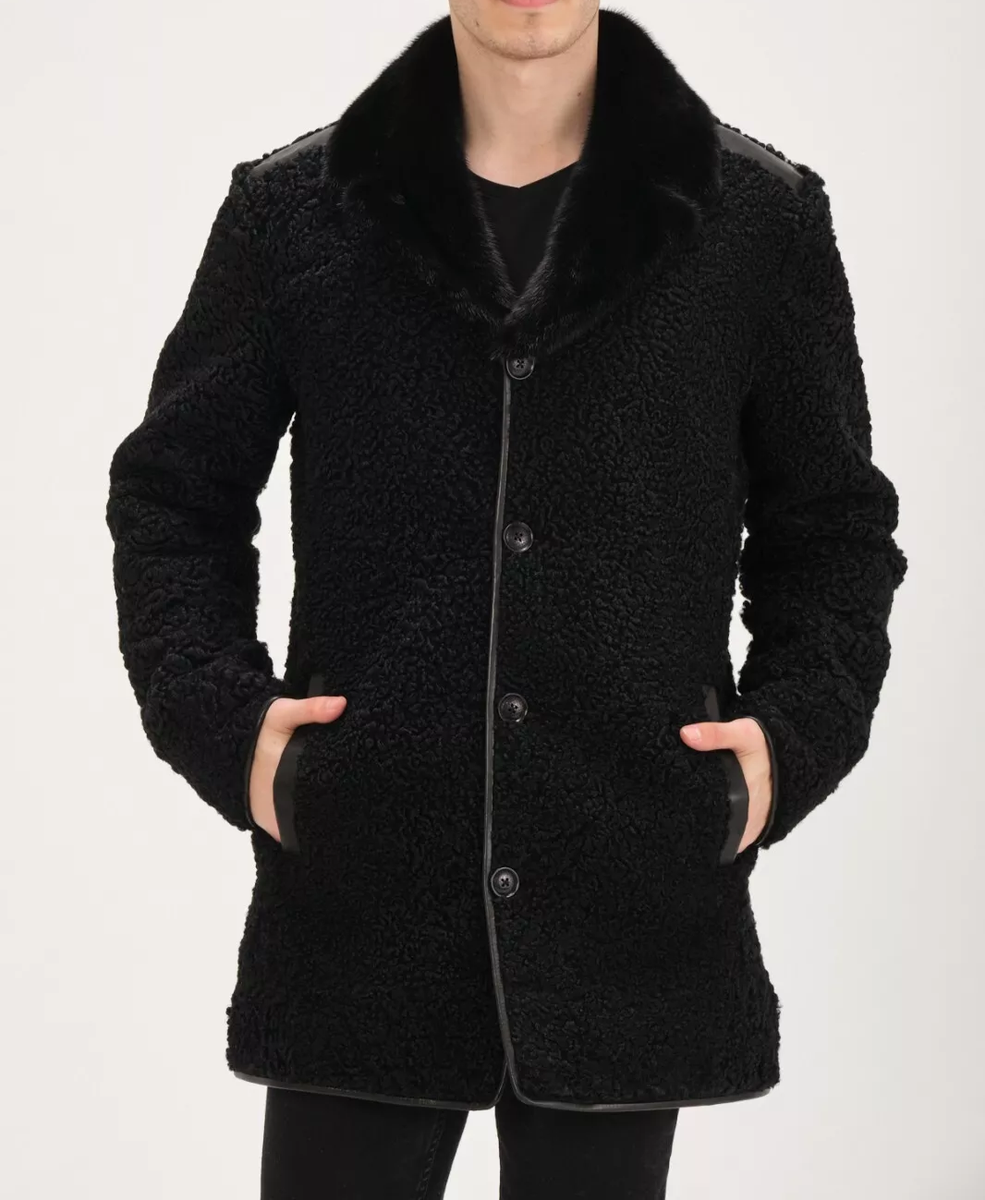 Men's Black Persian Lamb Fur Winter Coat Mink Fur Collar All Sizes PreSale