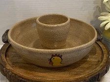 Handmade Pottery Chip & Dip Bowl 9x9x5 W/A Chicken On The Front made in Mexico