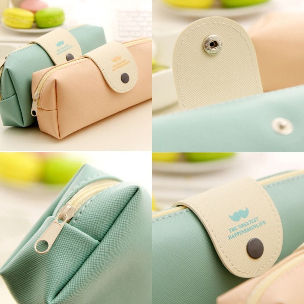 Large Capacity Pencil Box PU Leather Pen Bag Button Pencil Case Girls