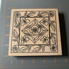 The Artful Stamper- Wood Rubber Stamp Floral Butterfly Square Design Quilt