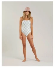 Rylee Cru Swimsuit Women One Piece Small Light Blue Check Checker Board