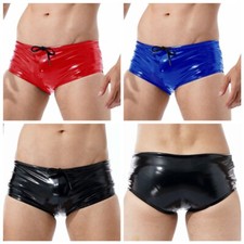 Men Wetlook PVC Leather Bikini Briefs Low Rise Drawstring Shorts Underwear Trunk